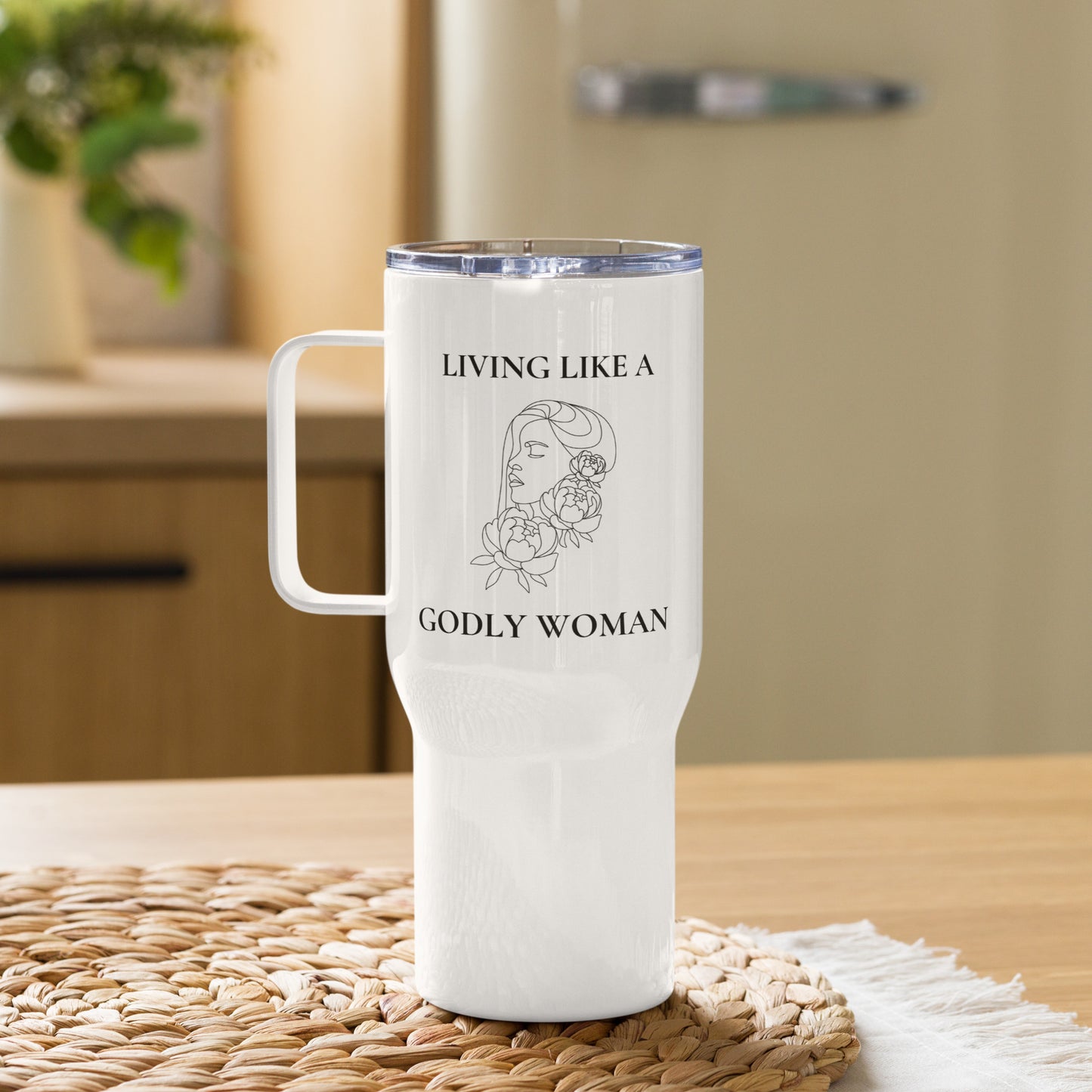 Living Like a Godly Woman Bold Flowers Travel mug with a handle