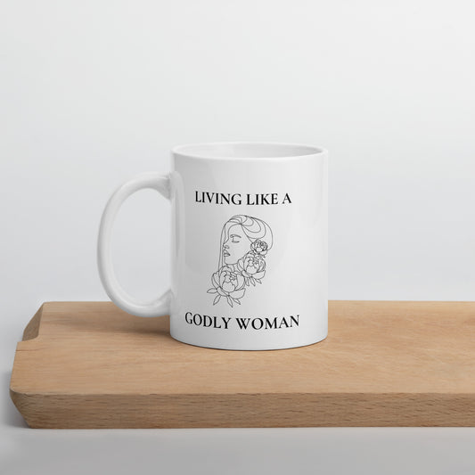 Living Like a Godly Woman Bold Flowers White glossy mug