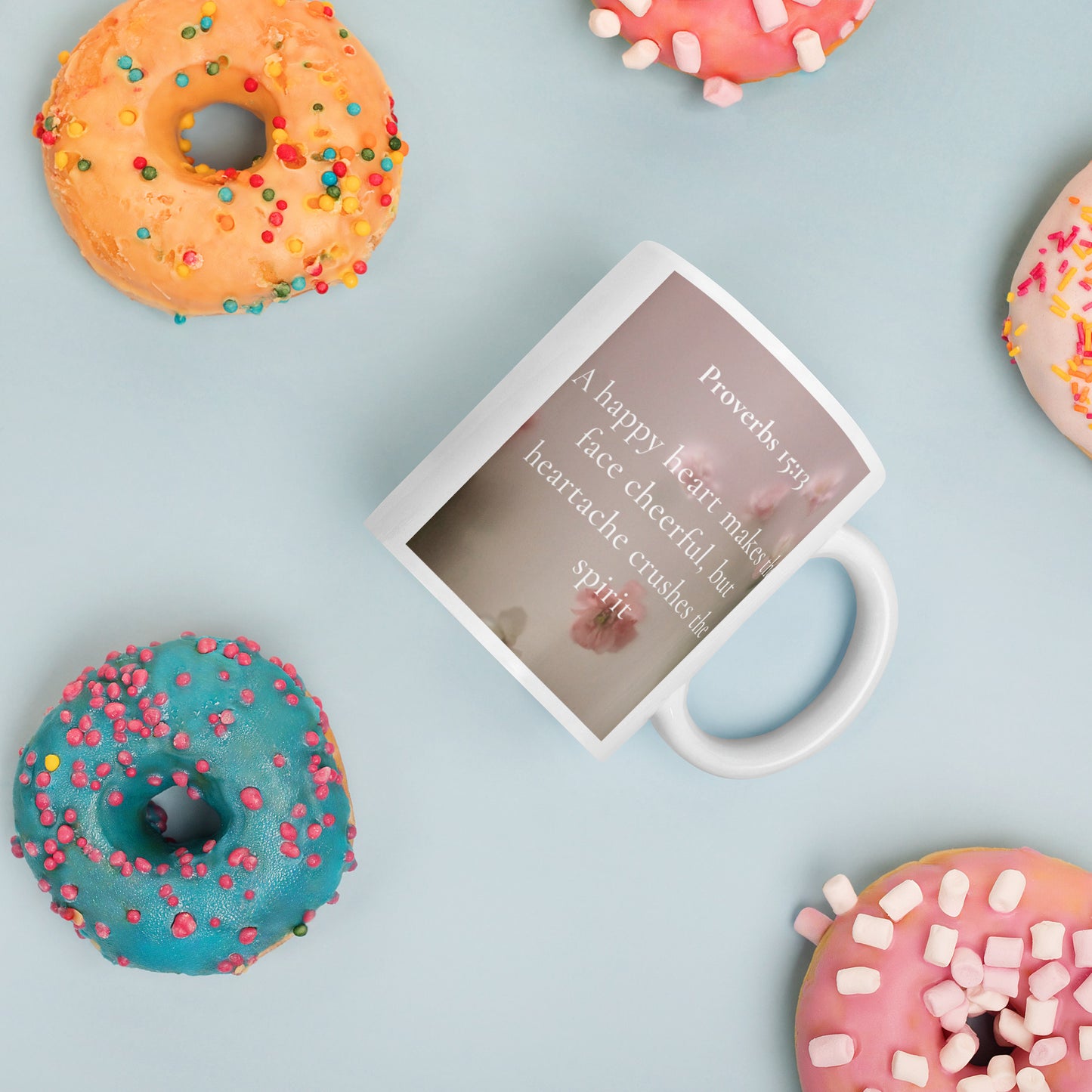 Proverbs 15:13 Flowers White glossy mug
