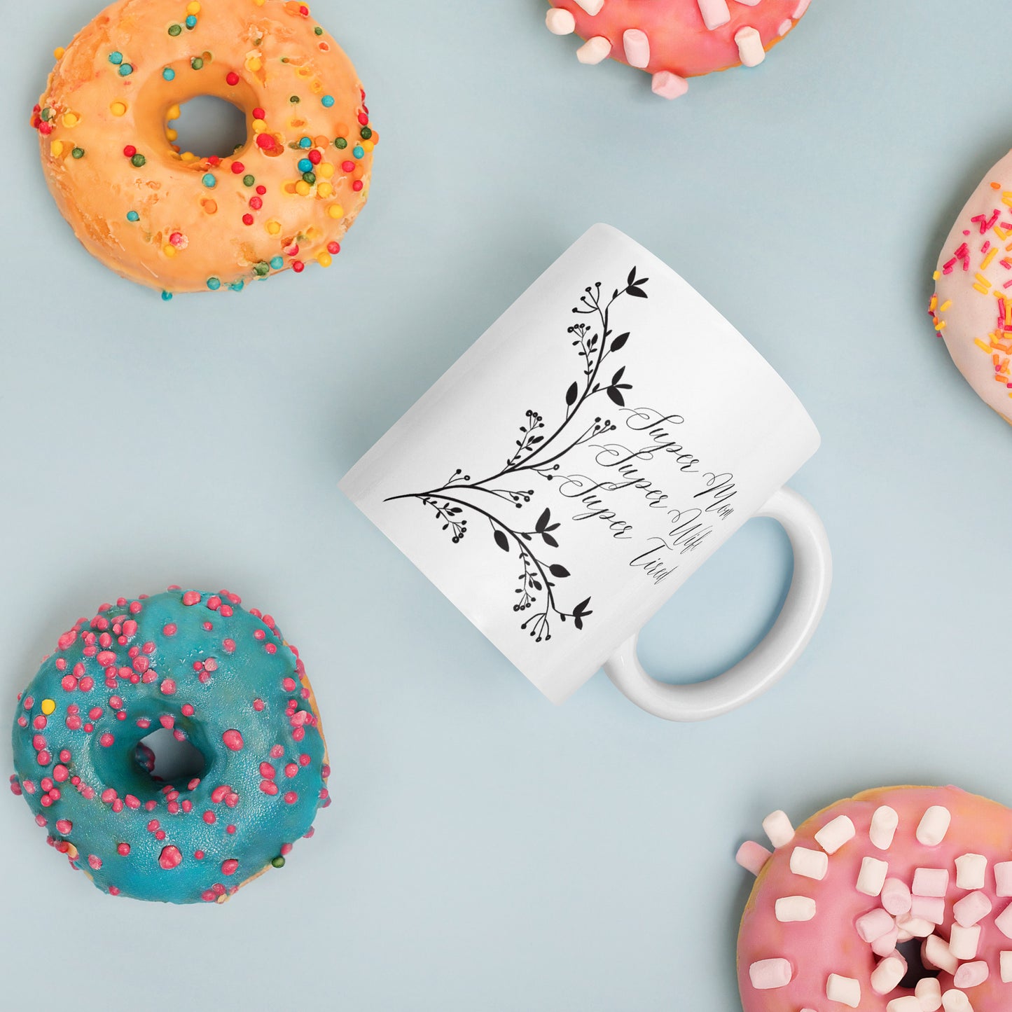 Super Mom Super Wife Super Tired Elegant Leaves White glossy mug
