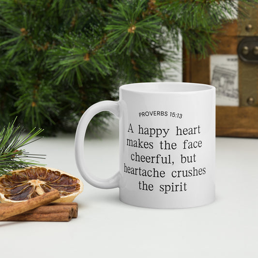Proverbs 15:13 Happy Heart White glossy mug