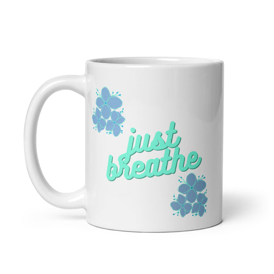 Just Breathe Flowers White glossy mug