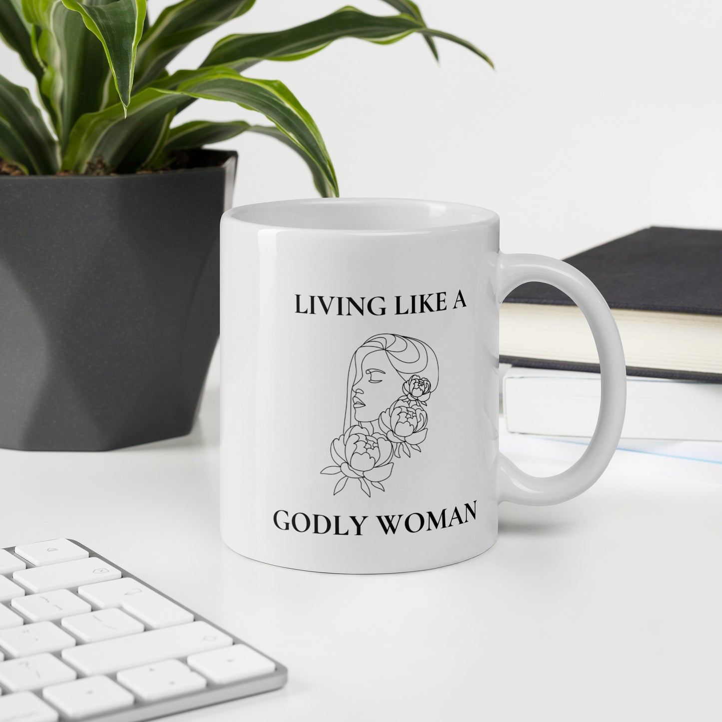 Living Like a Godly Woman Bold Flowers White glossy mug