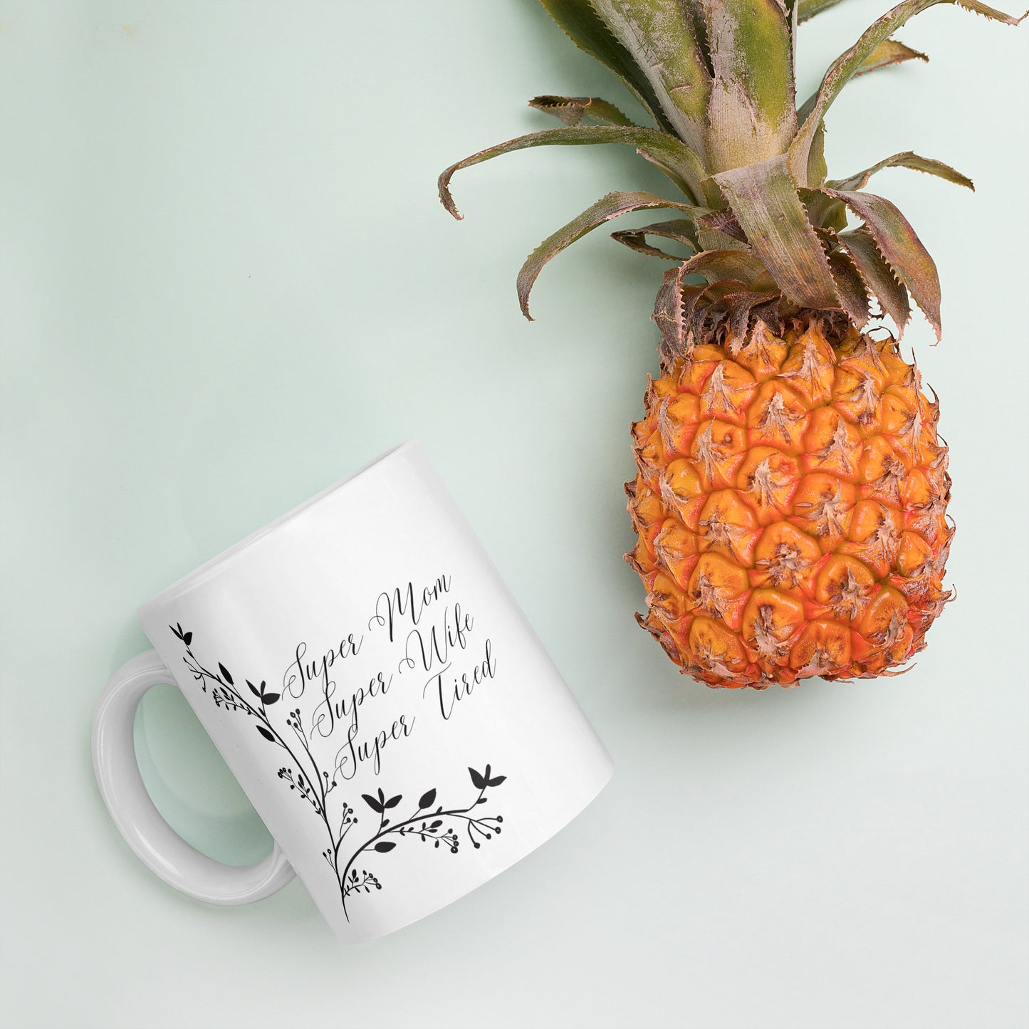Super Mom Super Wife Super Tired Elegant Leaves White glossy mug