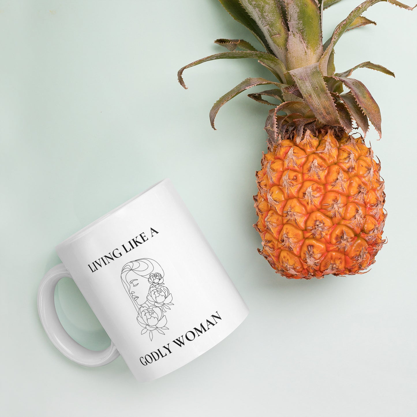 Living Like a Godly Woman Bold Flowers White glossy mug