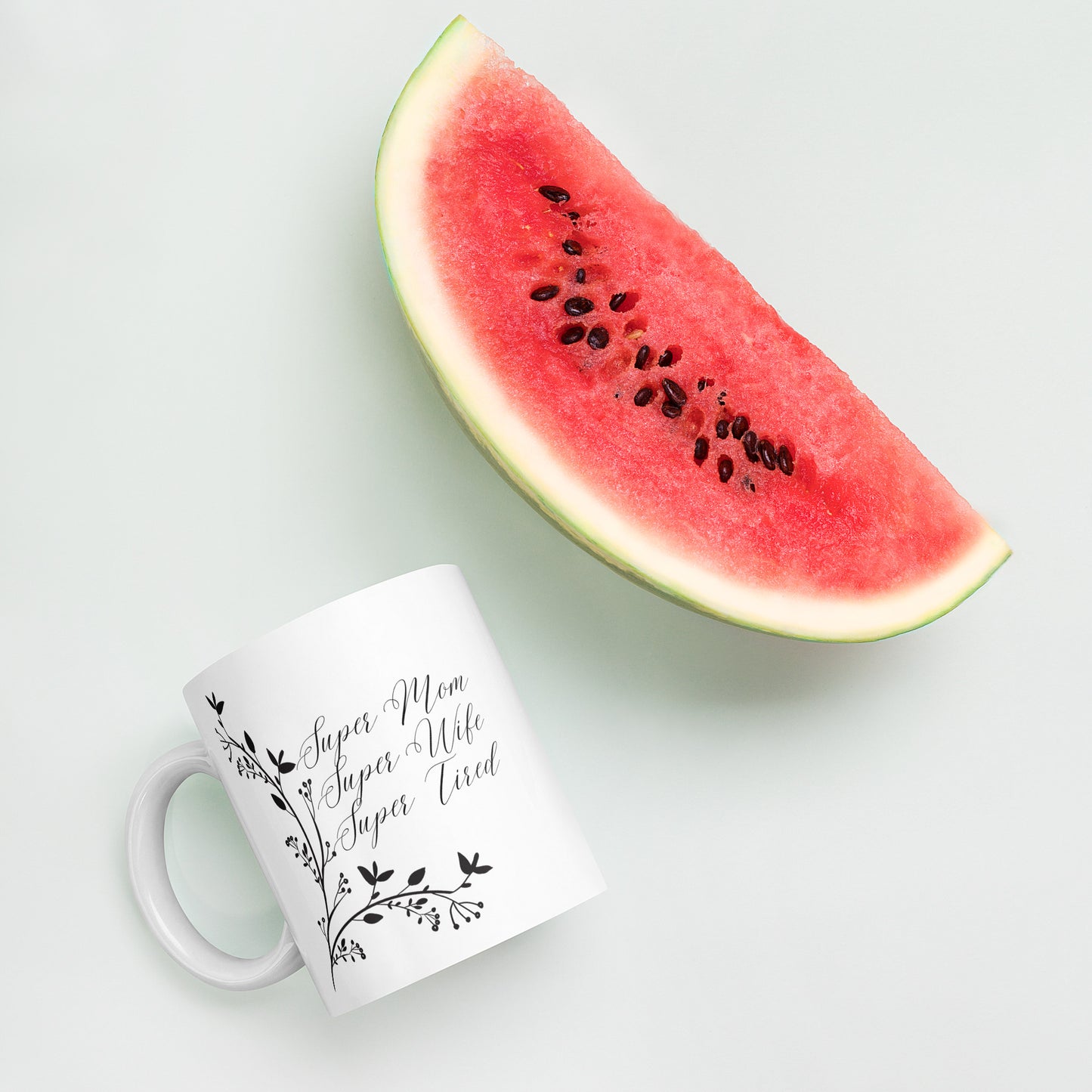 Super Mom Super Wife Super Tired Elegant Leaves White glossy mug