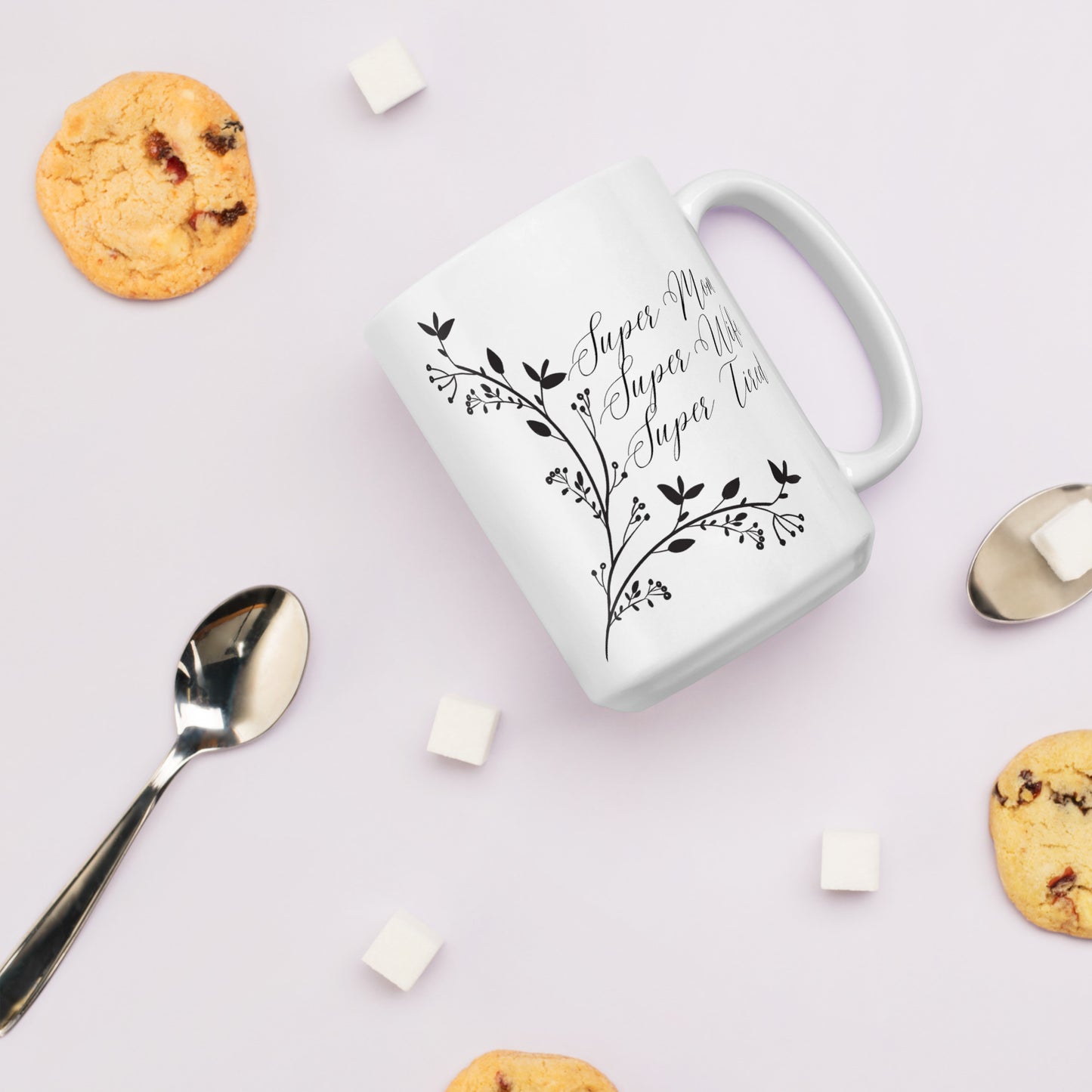 Super Mom Super Wife Super Tired Elegant Leaves White glossy mug
