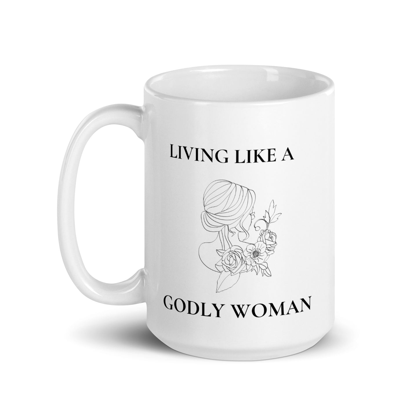 Living Like a Godly Woman Soft Flowers White glossy mug