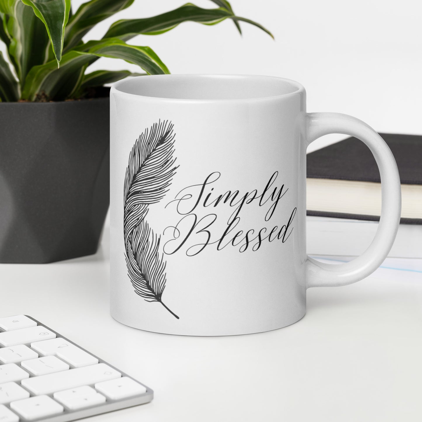 Simply Blessed Feather White glossy mug
