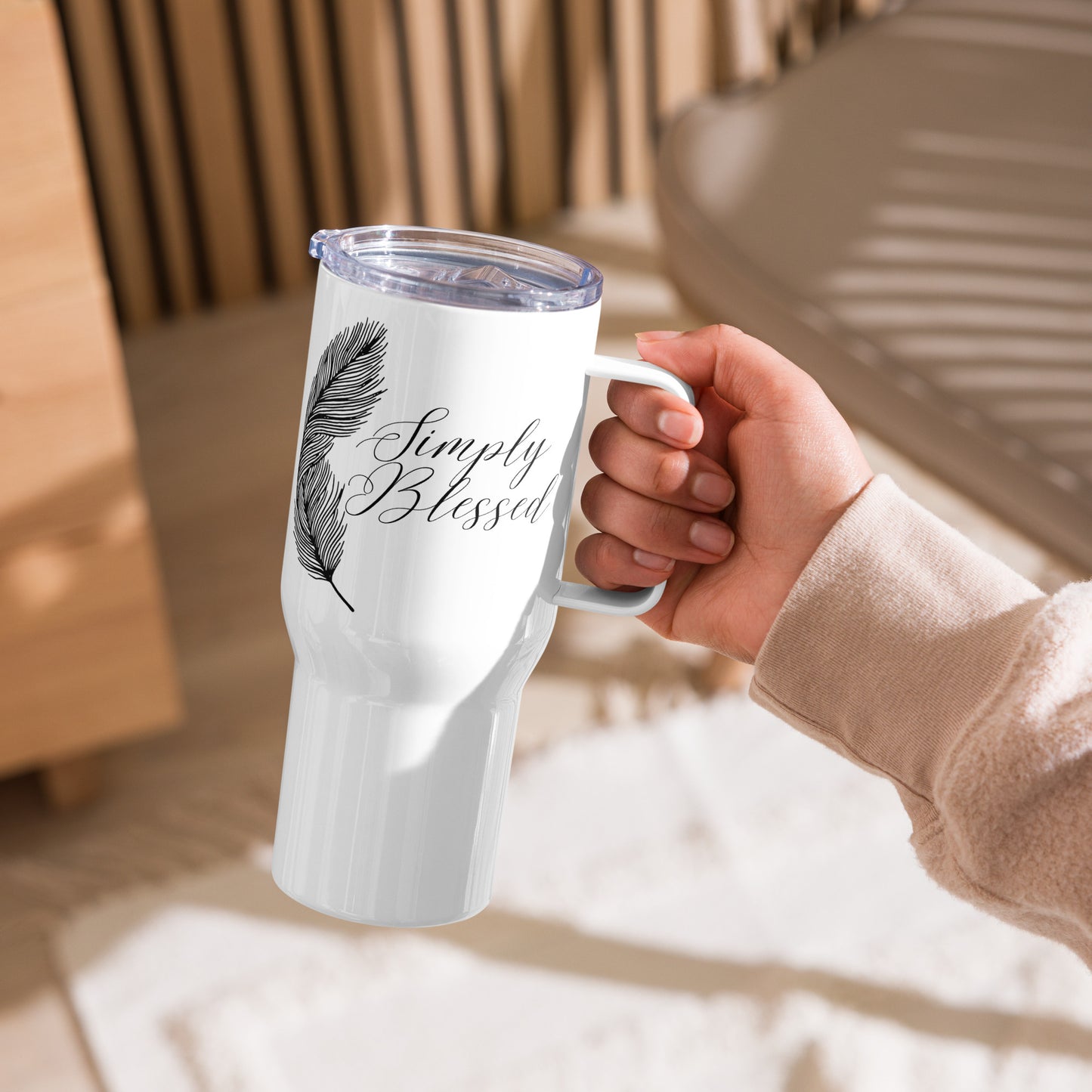 Simply Blessed Feather Travel mug with a handle