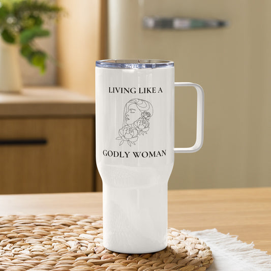 Living Like a Godly Woman Bold Flowers Travel mug with a handle