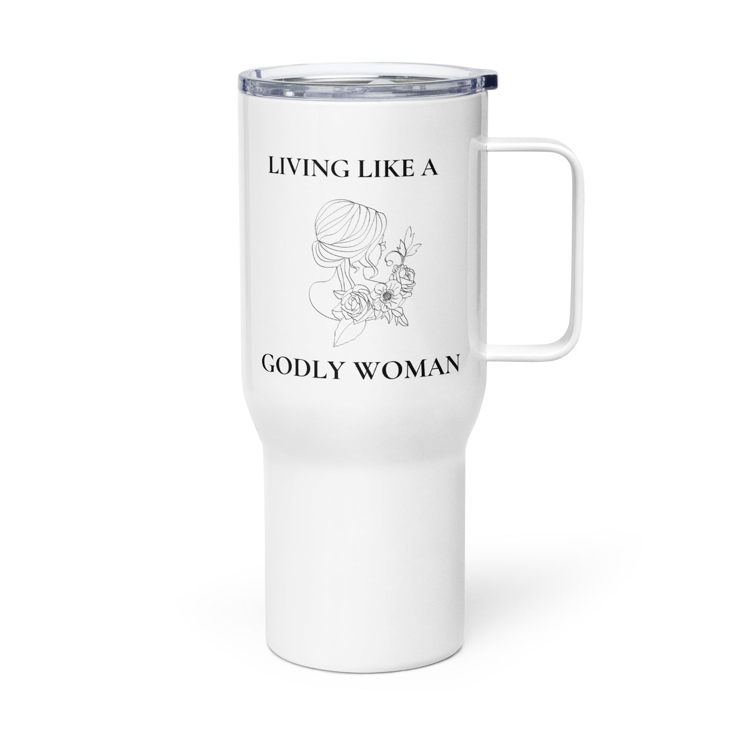 Living Like a Godly Woman Soft Flowers Travel mug with a handle