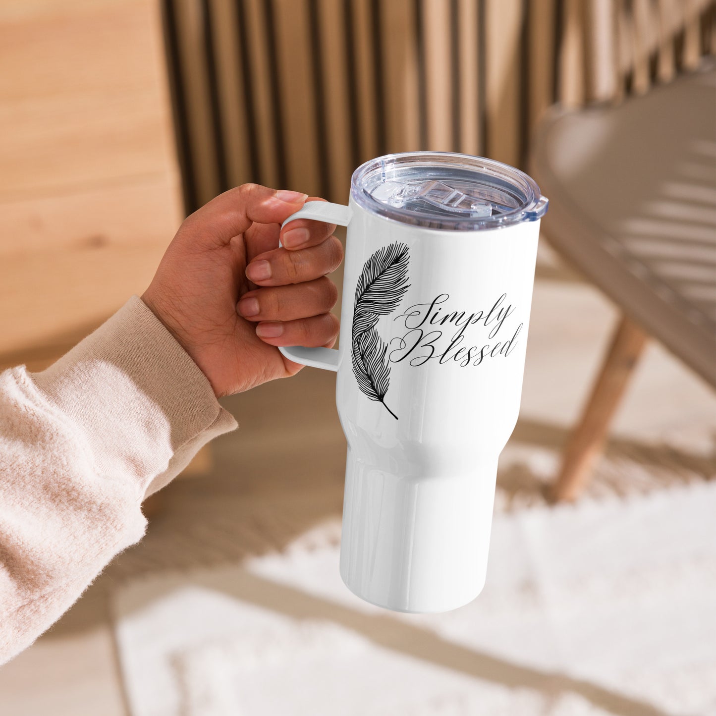 Simply Blessed Feather Travel mug with a handle