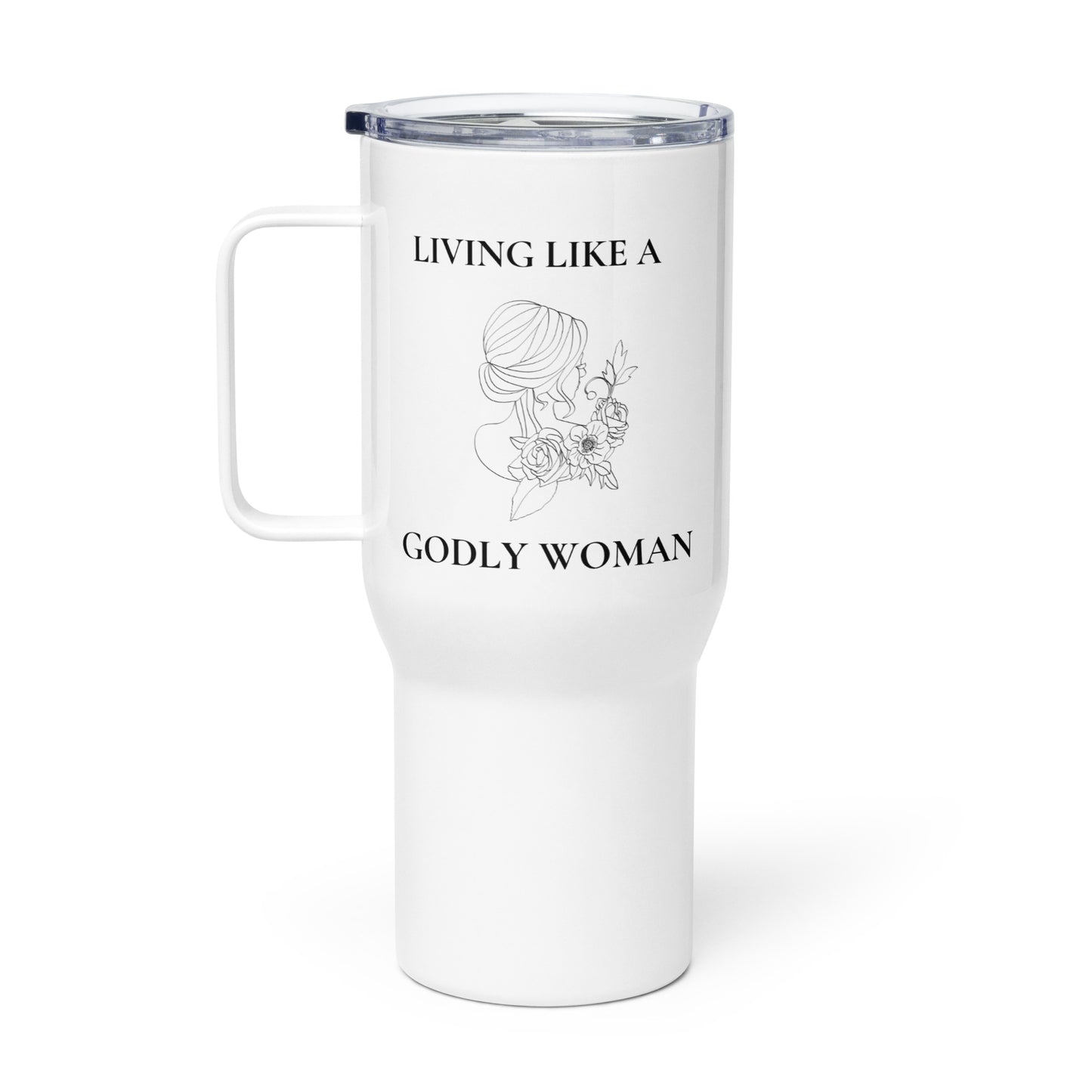 Living Like a Godly Woman Soft Flowers Travel mug with a handle