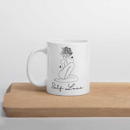 Self Love Flowers and Butterflies White glossy mug