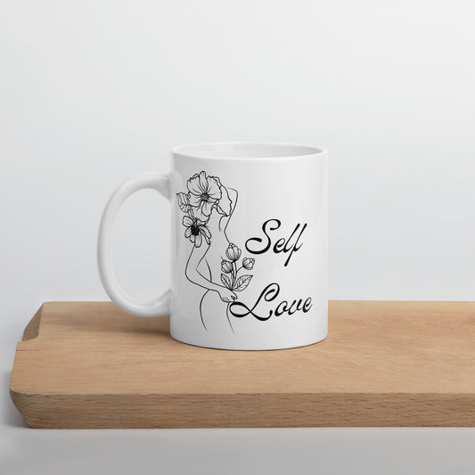 Self Love Flowers White glossy mug