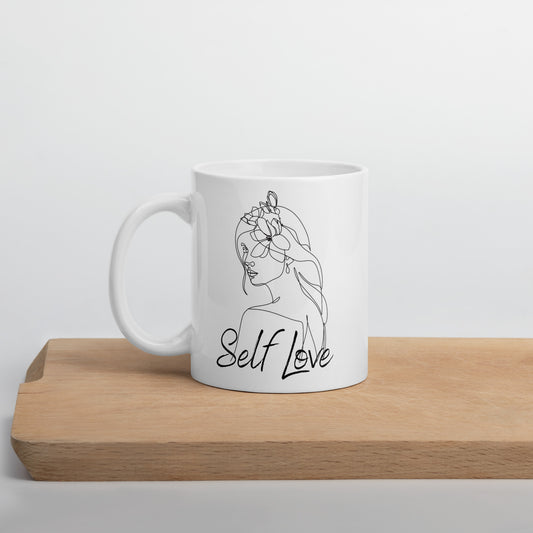 Self Love Flower Hair White glossy mug