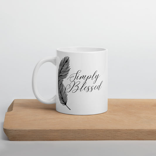 Simply Blessed Feather White glossy mug