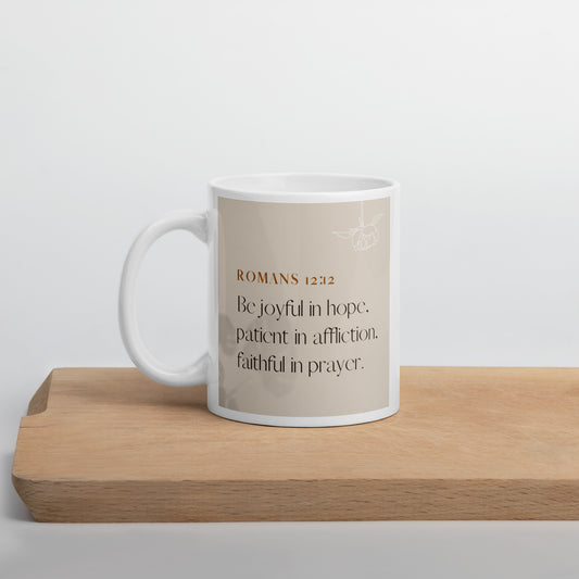 Romans 12:12 White glossy mug