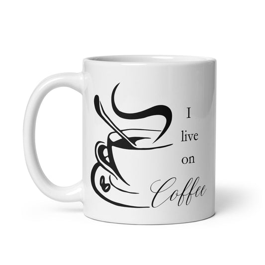 I Live on Coffee Elegant White glossy mug