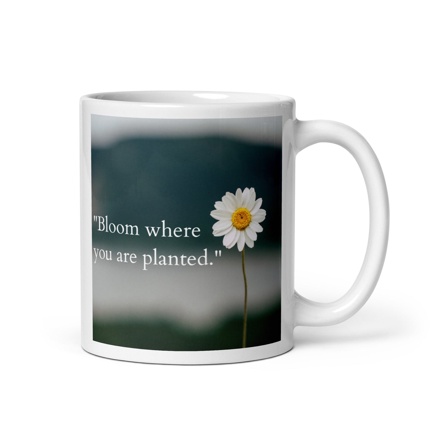 Bloom where you are planted Daisy White glossy mug