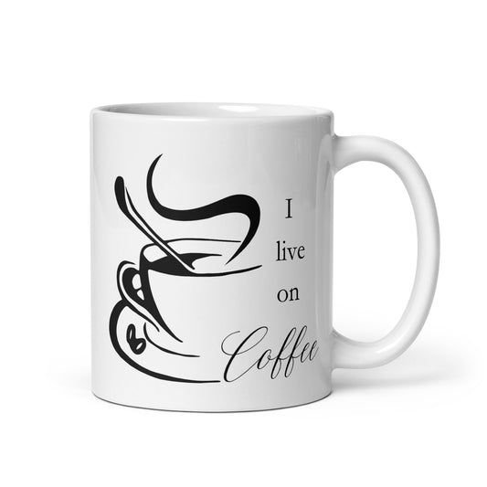 I Live on Coffee Elegant White glossy mug