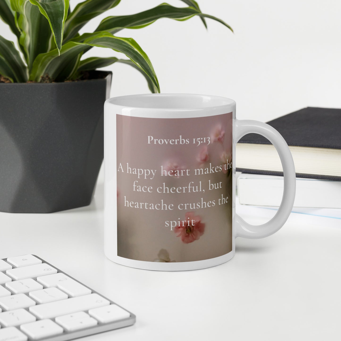 Proverbs 15:13 Flowers White glossy mug