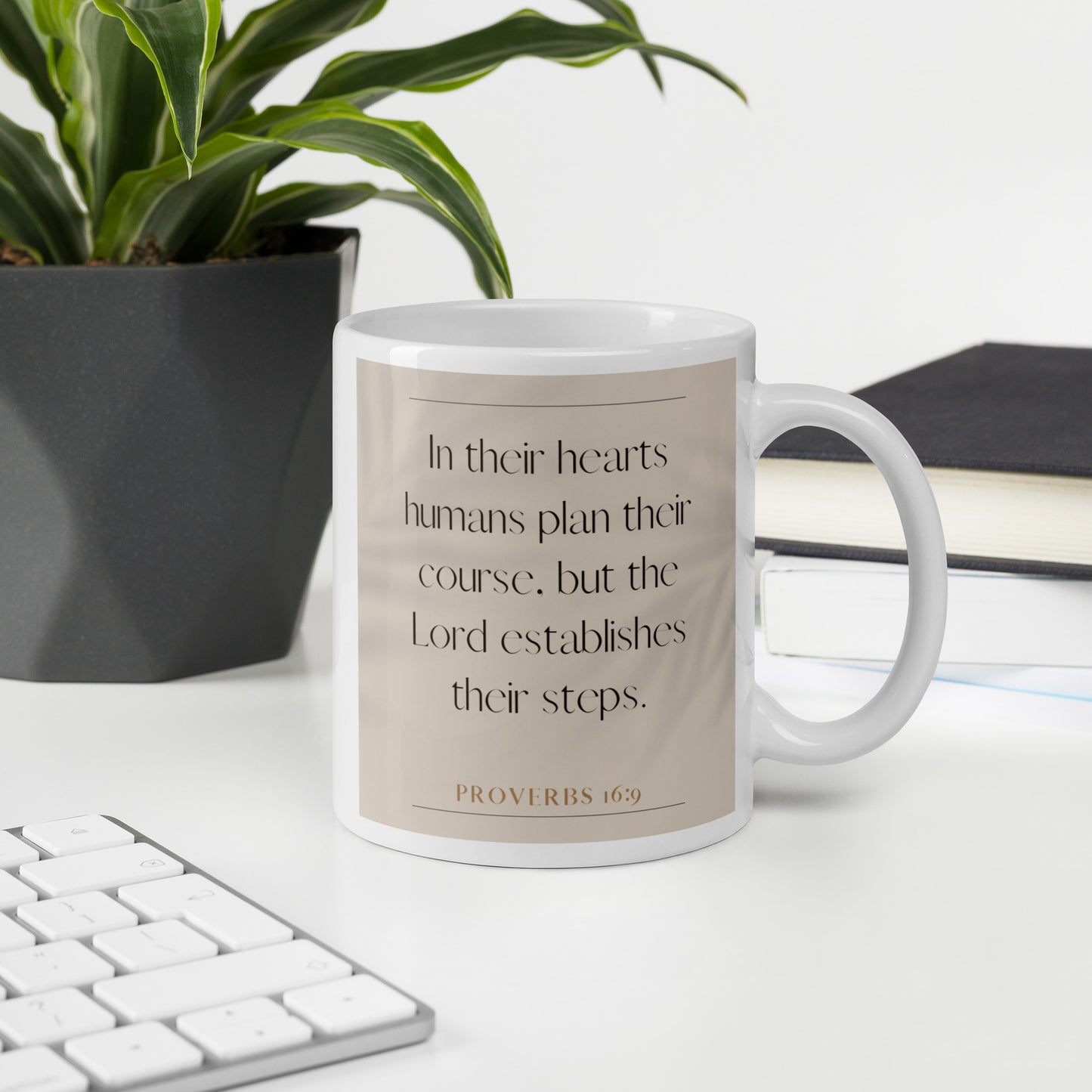 Proverbs 16:9 Elegant White glossy mug