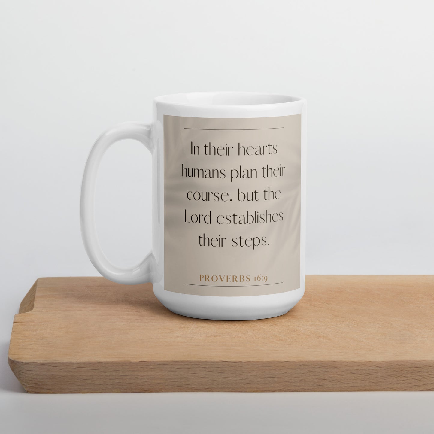 Proverbs 16:9 Elegant White glossy mug