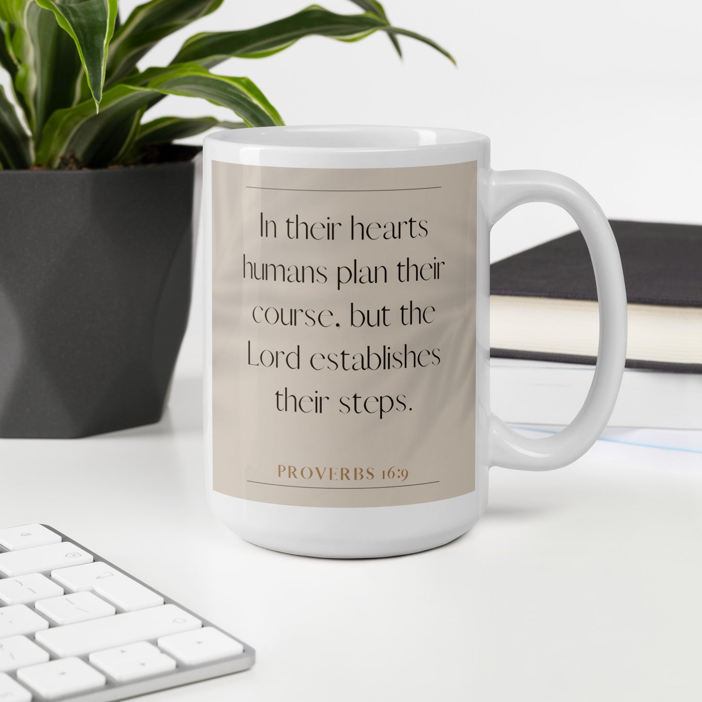 Proverbs 16:9 Elegant White glossy mug