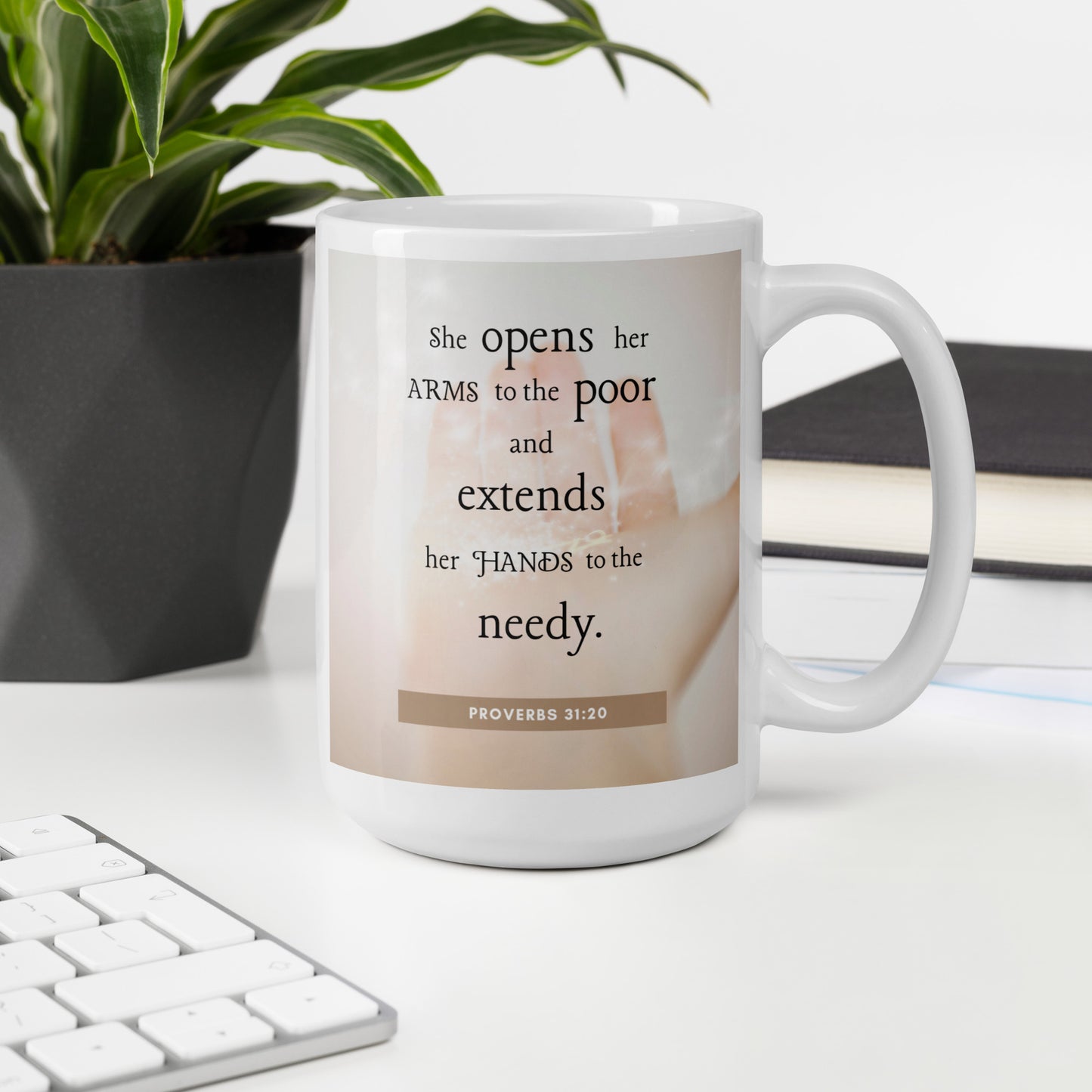 Proverbs 31:20 White glossy mug