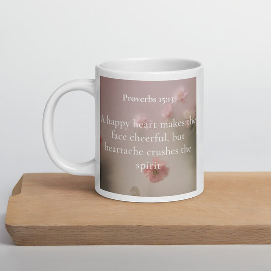 Proverbs 15:13 Flowers White glossy mug