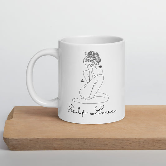 Self Love Flowers and Butterflies White glossy mug