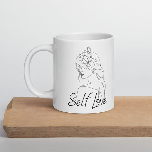 Self Love Flower Hair White glossy mug