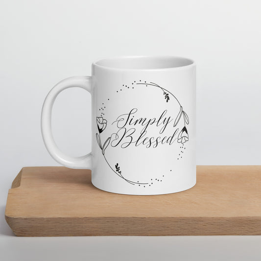 Simply Blessed Flower Circle White glossy mug