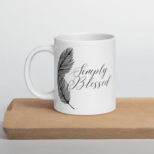 Simply Blessed Feather White glossy mug