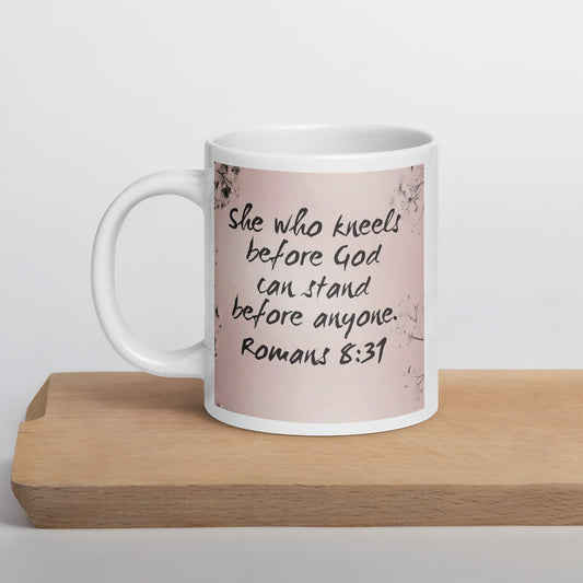 Romans 8:31 White glossy mug