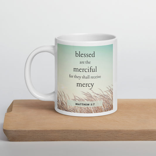 Matthew 5:7 White glossy mug