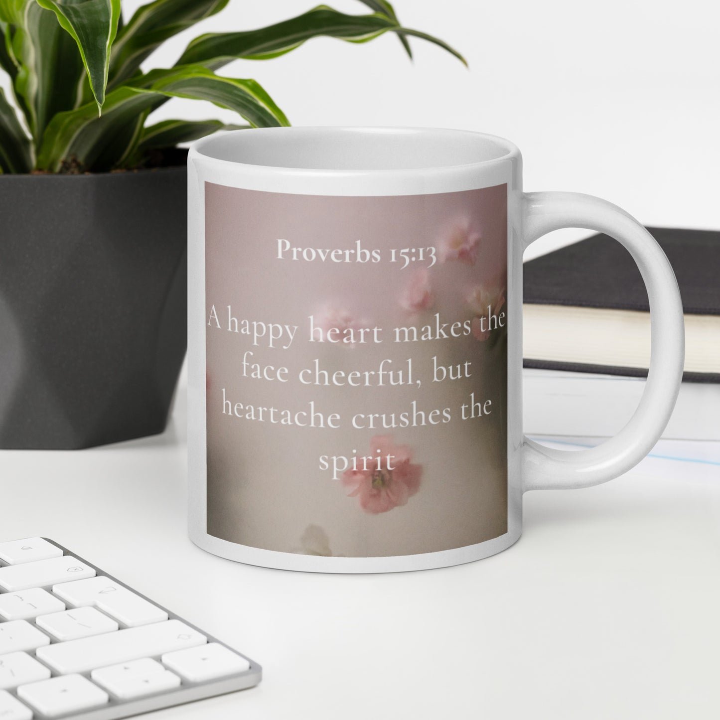 Proverbs 15:13 Flowers White glossy mug