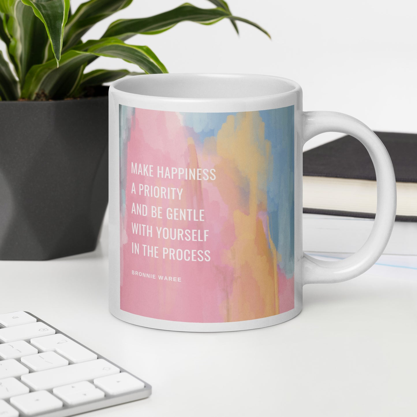Make happiness a priority White glossy mug