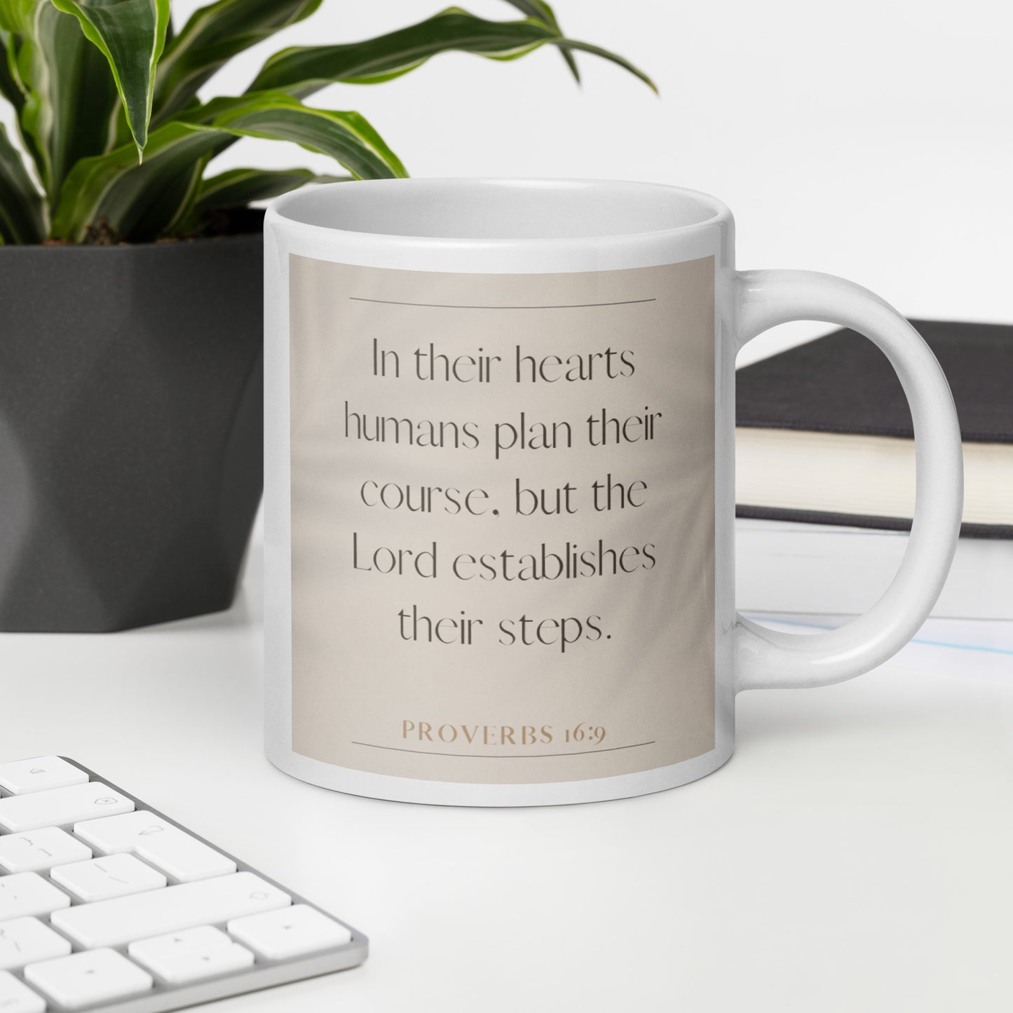 Proverbs 16:9 Elegant White glossy mug