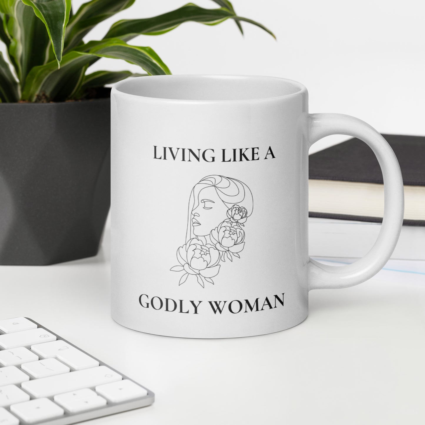 Living Like a Godly Woman Bold Flowers White glossy mug